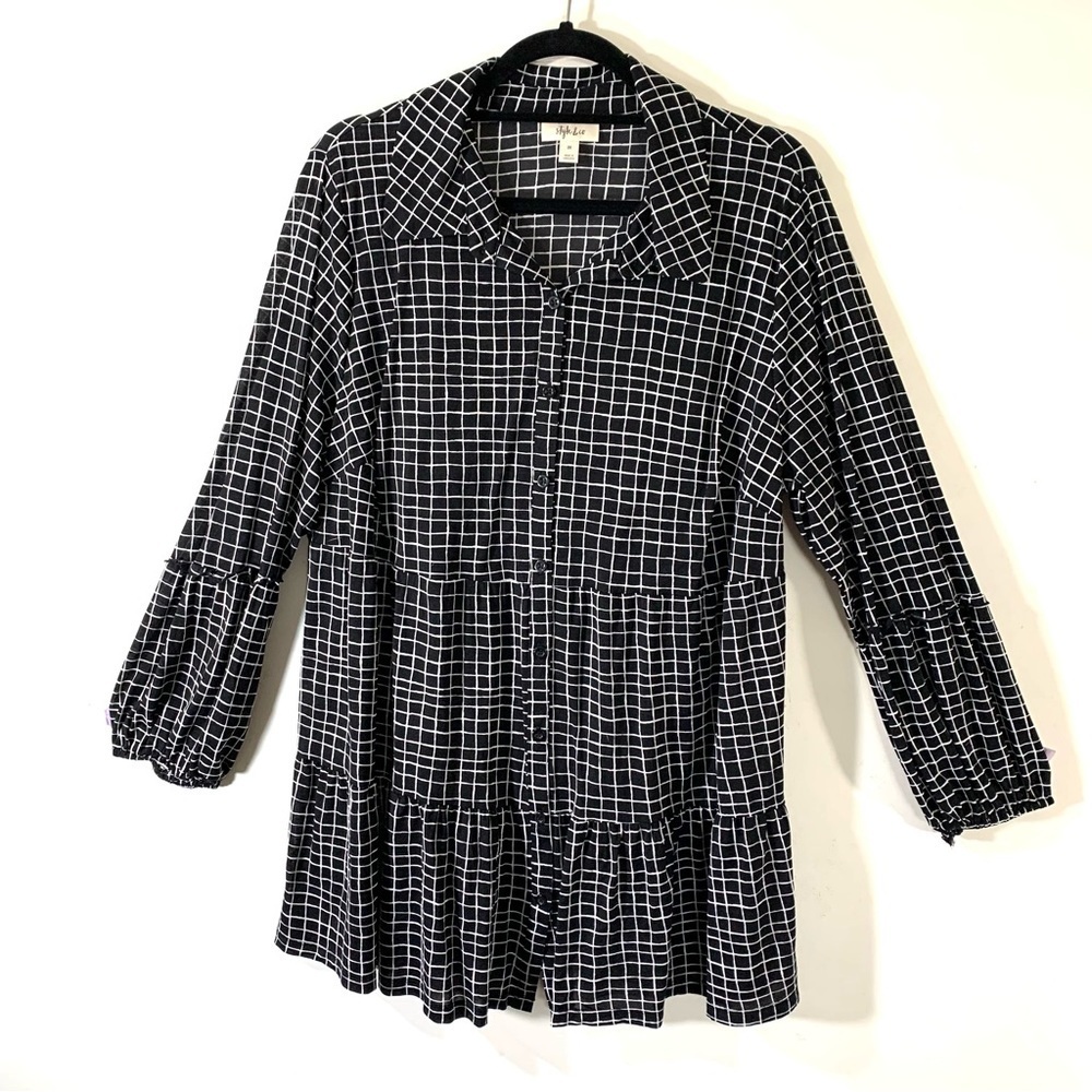 Style & Co windowpane Plaid Tiered Top 2/$35